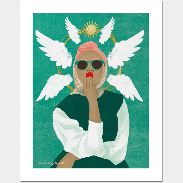 Angel Kiss | Woman Wearing Sunglasses and Headscarf with Golden Halo and Angel Wings Wall Art by venglehart